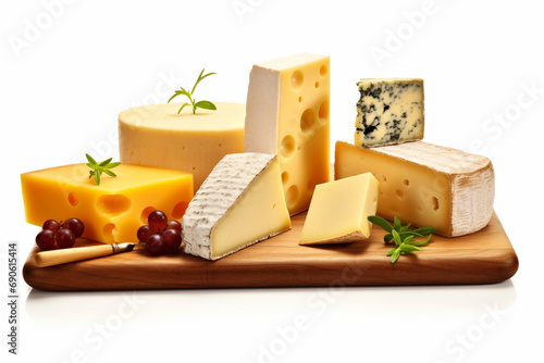 Variety of cheeses on a wooden plate, cutting board. Cheese serving. AI generated.
