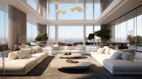 Massive luxury living room with chunky white fabric sofas and floor to ceiling windows