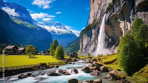 Sunny summer view of great waterfall in village Splendid outdoor scene in Swiss Alps, Traveling concept background.