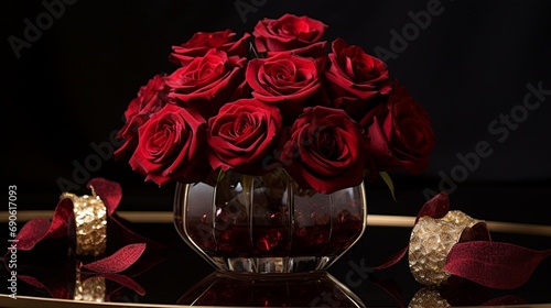 Bold Garnet Roses against a Dark Sable and Gold-infused Setting, creating a captivating space for your custom messages