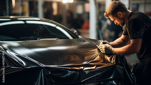 Car wrapping specialist putting vinyl foil or film on car. - a man working on a car wrapping. photo