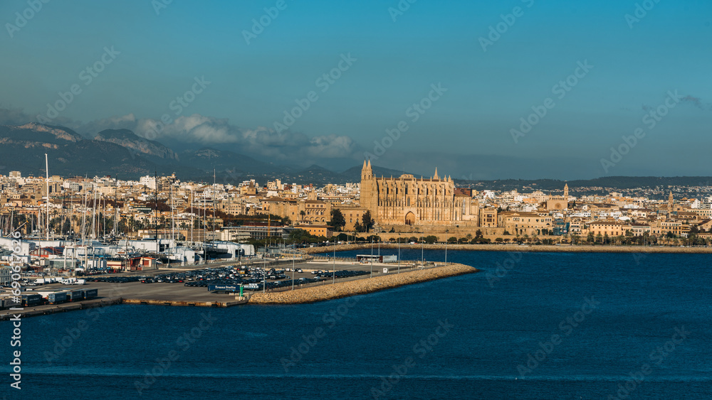 Cathedral of palma, mallorca, balearic islands, spain, mediterranean, europe with surrounding marina and cityscape