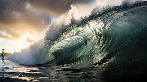 Surfing ocean wave at sunset. 3D rendering and illustration. 