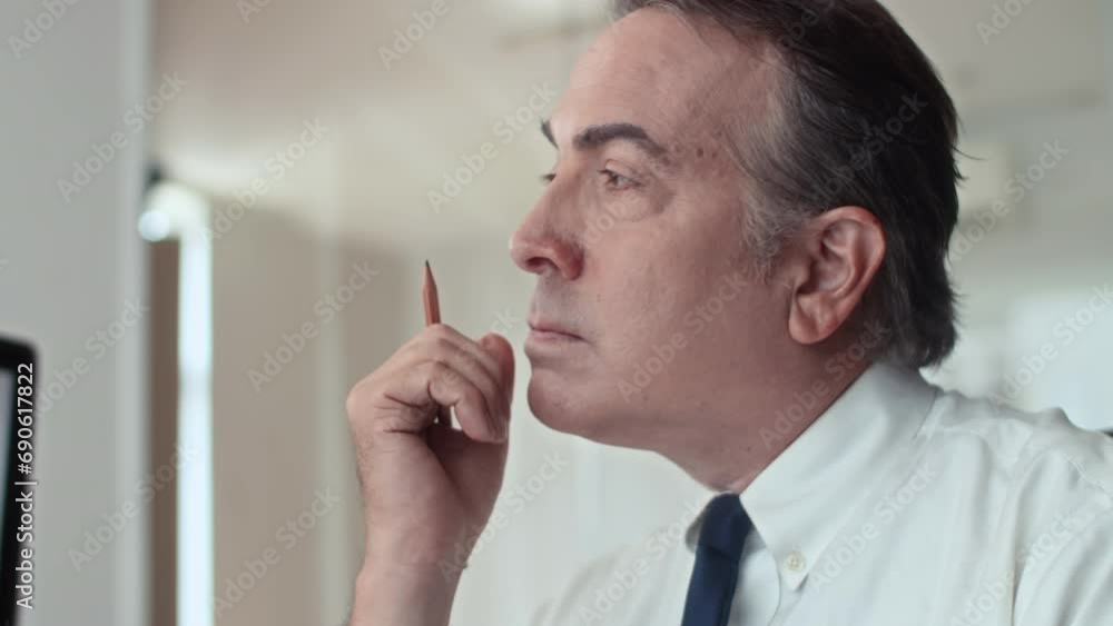 Close up of mature tired businessman holding pencil while working overtime on report at office Close up of mature tired businessman holding pencil while working overtime on report at office