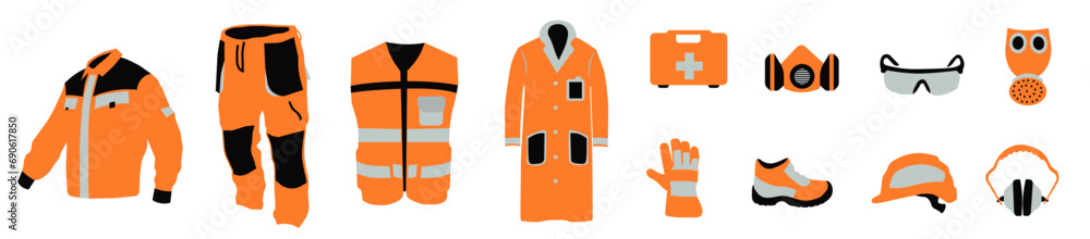 Work uniform. Professional protective clothing, boots and safety helmet. Various items of special protective clothing. - obrazy, fototapety, plakaty 