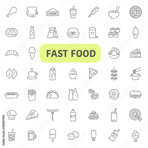 Fast food and drinks. Fast food icons set. Set of various fast food icons.