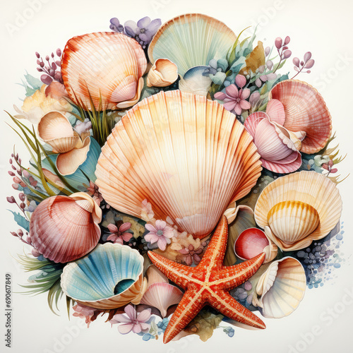 watercolor Seashell beach clipart, Generative Ai