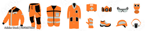 Work uniform. Professional protective clothing, boots and safety helmet. Various items of special protective clothing. photo