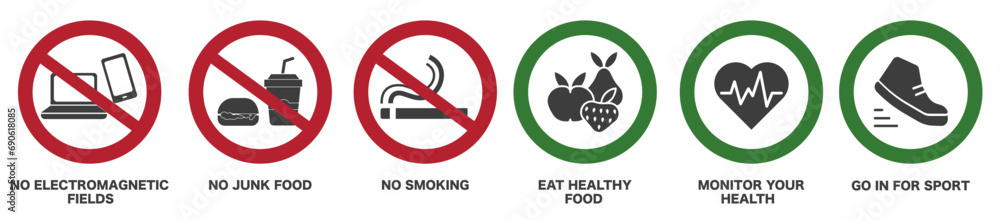 Prohibited sign for an unhealthy lifestyle. Advertisement of a healthy lifestyle. Prohibited sign for an unhealthy lifestyle. Advertisement of a healthy lifestyle.