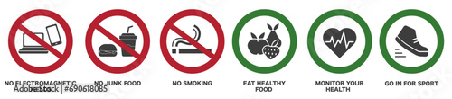 Prohibited sign for an unhealthy lifestyle. Advertisement of a healthy lifestyle.