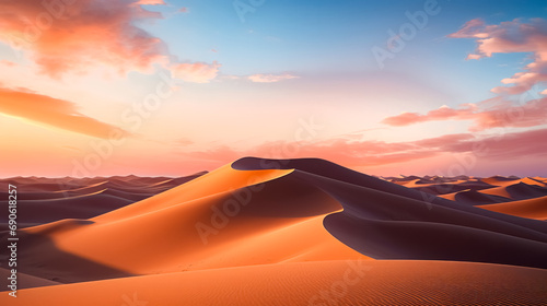 Sand dunes in the desert at sunset. 3d render illustration. 