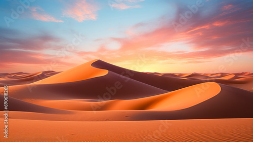 Sand dunes in the desert at sunset. 3d render illustration. 