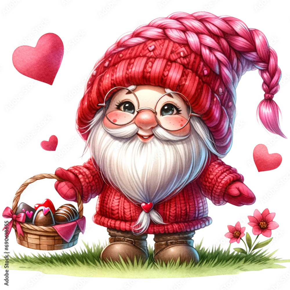 Obraz premium Cute Valentine's Day gnomes illustration. Watercolor hand painted gnome girl and boy with red and pink heart, isolated on white background. Holiday card design. Cartoon style.