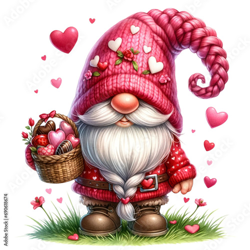 Cute Valentine's Day gnomes illustration. Watercolor hand painted gnome girl and boy with red and pink heart, isolated on white background. Holiday card design. Cartoon style.