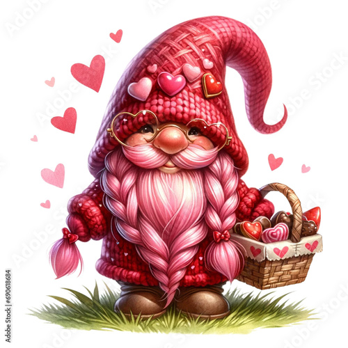Cute Valentine's Day gnomes illustration. Watercolor hand painted gnome girl and boy with red and pink heart, isolated on white background. Holiday card design. Cartoon style. photo