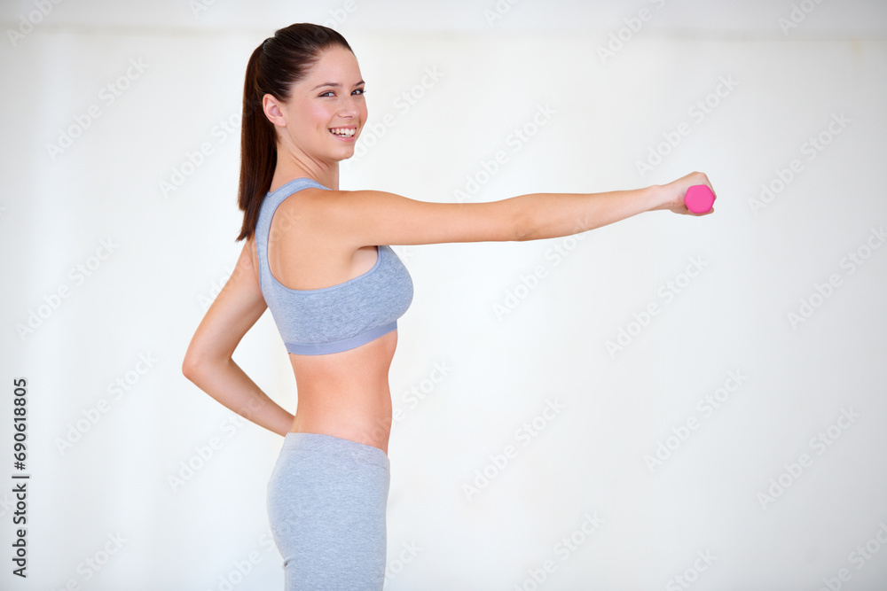 Woman, training and portrait with dumbbells in mockup for health wellness, fitness and weight loss with exercise. Young person, happy and face with hand weights for tone muscle by white background Woman, training and portrait with dumbbells in mockup for health wellness, fitness and weight loss with exercise. Young person, happy and face with hand weights for tone muscle by white background