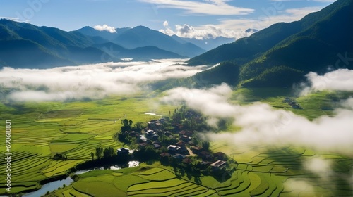 Terraced fields and houses in clouds in Lung Cu northernmost peak Vietnam Fatherland wonderful view from above It features a flagpole icon drums symbolize sovereignty. photo
