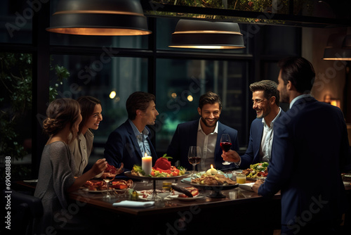 Group of happy entrepreneurs communicating while enjoying in business lunch in a restaurant.