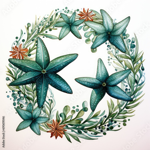 watercolor Starfish circle clipart, Generative Ai