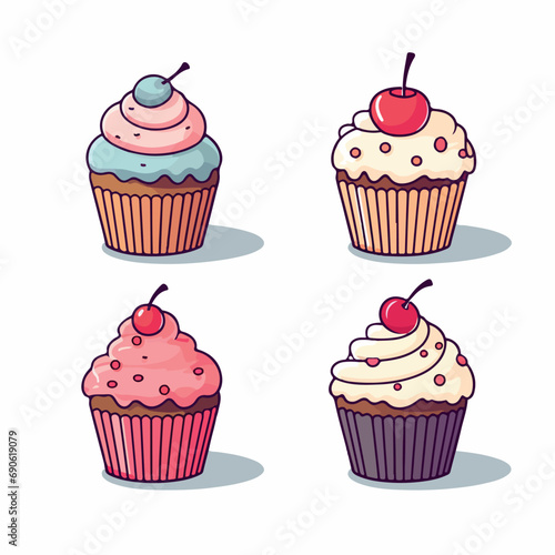 birthday cupcake set of 4 flat vector illustration. birthday cupcake set of 4 hand drawing isolated vector illustration