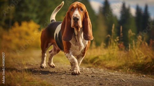 The Basset hound in domesticated pet is a hunting dog that originated .This is a scent hunting dog, specializing in sniffing prey to bark alarms. © Nazia