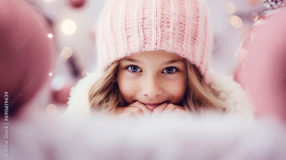 Girl peeking out from behind a light board with a defocused Christmas background, cozy atmosphere, pink Christmas concept. Christmas promotional banner mockup. Girl peeking out from behind a light board with a defocused Christmas background, cozy atmosphere, pink Christmas concept. Christmas promotional banner mockup.