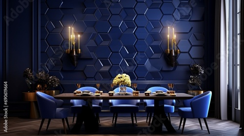 Opulent 3D-rendered luxury wallpaper featuring royal blue hexagons, transforming a minimalist dining area into a realm of sophistication and style.