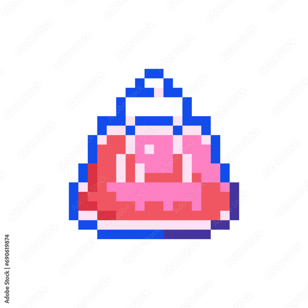 Pixel art Jelly Dessert Icon. Vector Pixel 8bit Pink Gelatin Dish. 80s 90s Retro Game Decor For Valentine's Day. Pixelated Colorful Jiggly Sweet Plate Sticker Illustration on white background. Pixel art Jelly Dessert Icon. Vector Pixel 8bit Pink Gelatin Dish. 80s 90s Retro Game Decor For Valentine's Day. Pixelated Colorful Jiggly Sweet Plate Sticker Illustration on white background.