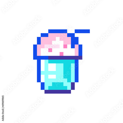 Pixel art Cute Pink Valentine Frappuccino Icon. Vector Pixel 8bit Sweet Drink. 80s 90s Retro Game Decor For Valentine's Day. Pixelated Coffee Dessert Sticker Illustration on white background.	