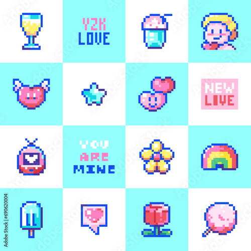Pixel Art Style Valentine's Day Seamless Pattern with 8Bit Cute Elements and Sweets - Romantic Digital Background. White and Blue Color, Cupid, Flowers, Heart with wings, Cotton Candy, Rainbow.