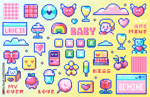 Pixel art Y2K Cute Stickers Set. 8bit Retro Game hearts, cupid, sweets, bow, toys, gifts, ice cream, baby angels, music discs, Favorite Cute Elements. Vector 90s Desktop Pack for Happy Valentine's Day