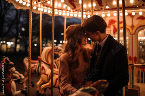 romantic couple carousel at night