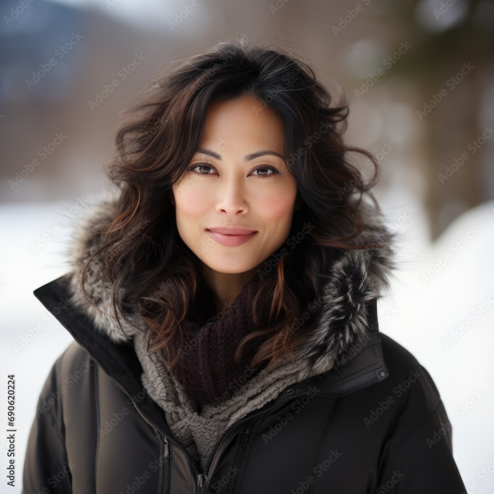 Asian woman in a black winter coat. Portrait of a middle aged woman in a jacket smiling on the background of snowy winter forest looking at the camera. Happy Japanese woman wearing warm winter clothes Asian woman in a black winter coat. Portrait of a middle aged woman in a jacket smiling on the background of snowy winter forest looking at the camera. Happy Japanese woman wearing warm winter clothes