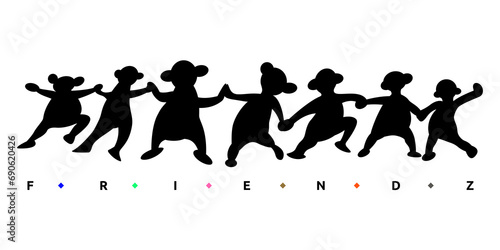 Friends together having fun by having hand in hand design in black outline silhouette