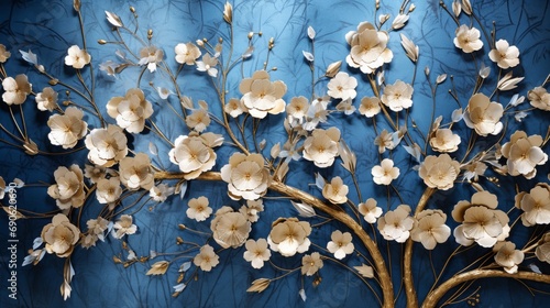 Transform your space with a stunning 3D wallpaper capturing the essence of a floral tree, boasting silver-blue flower leaves and a radiant gold stem