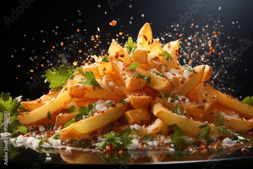  fried french fries on a black plate with spices