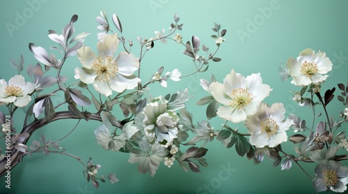 Unwind in a virtual garden with a 3D wallpaper capturing a floral tree in soothing mint green flower leaves and a resplendent silver stem