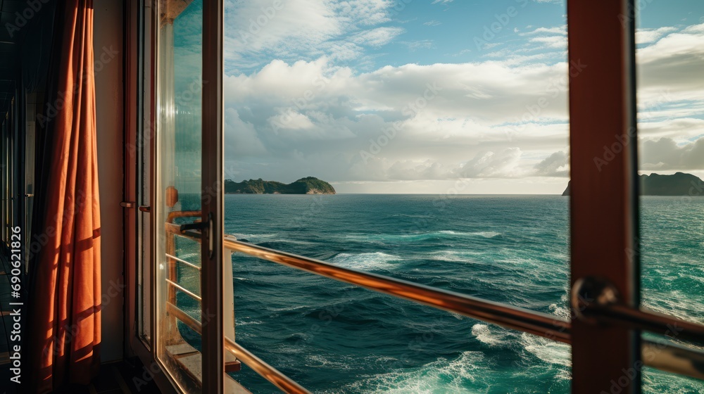The Mesmerizing Seascape Captured from the Window of a Cruise Ship's Room. Generative AI
