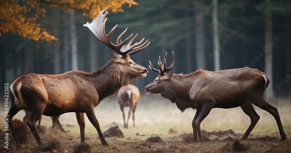 Fototapeta premium The Powerful Display of Red Deer Fighting in a Wildlife Park Amidst Rutting Season