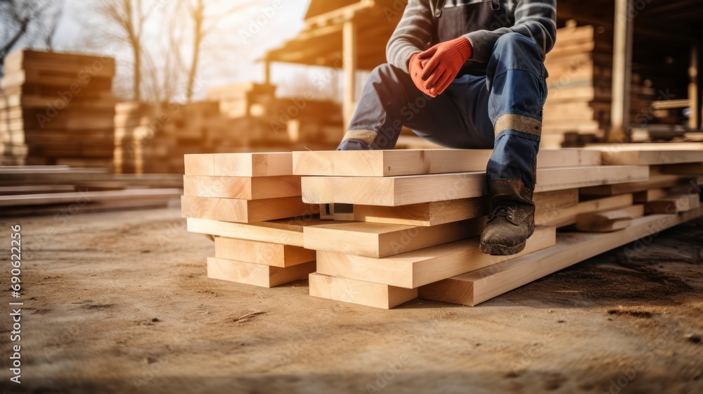 Capturing the Resting Legs of a Man, a Carpenter, Sitting on Planks in a Wood-Filled Warehouse Capturing the Resting Legs of a Man, a Carpenter, Sitting on Planks in a Wood-Filled Warehouse