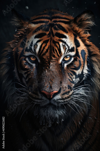 Illustration Tiger portrait on dark. Created with Generative AI