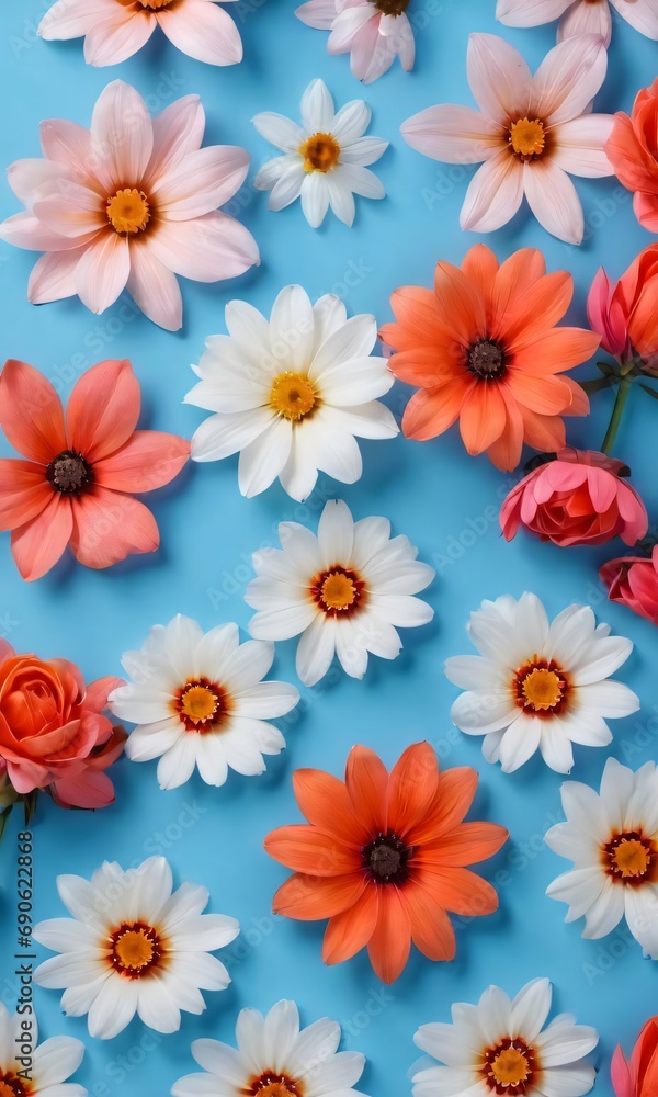 Beautiful Flowers On A Blue Background.