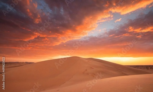A Sunset Over A Desert With Sand Dunes And A Cloudy Sky