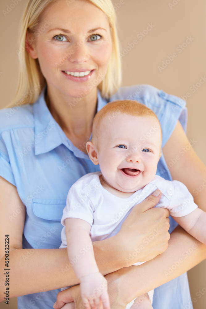 Portrait, smile or home mother, baby or family happiness for newborn child growth, mom youth care or maternity. Happy face, smile and mama holding, hug or embrace toddler for bonding, nurture or love Portrait, smile or home mother, baby or family happiness for newborn child growth, mom youth care or maternity. Happy face, smile and mama holding, hug or embrace toddler for bonding, nurture or love