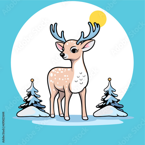 cute deer icon vector thick outline on winter