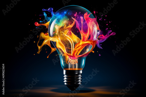 Creative light bulb explodes with colorful paint and splashing 