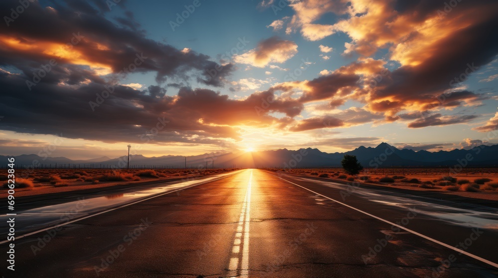 The Vivid Contrast of Sunlight Breaking Through Clouds Above a Wet Highway. Generative AI The Vivid Contrast of Sunlight Breaking Through Clouds Above a Wet Highway. Generative AI
