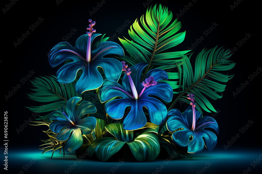 green and blue neon light with tropical leaves green and blue neon light with tropical leaves