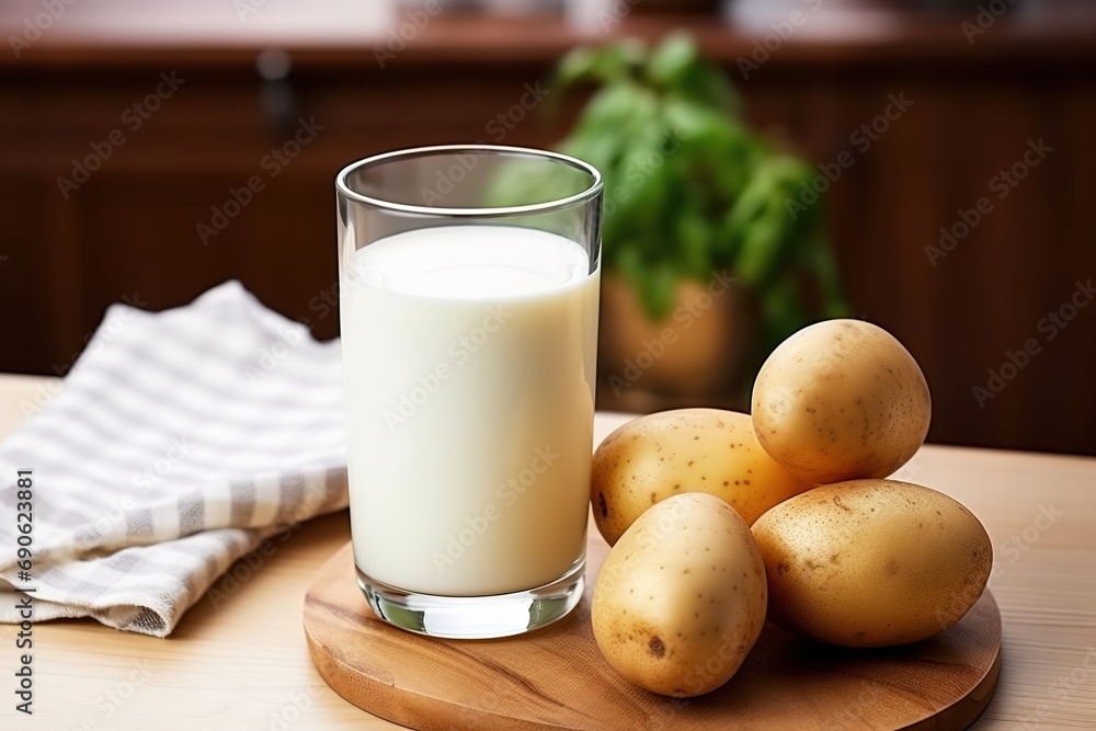 Vegan potato milk in glass and potato on brown background. Vegan potato milk in glass and potato on brown background.