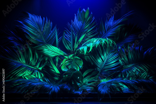 green and blue neon light with tropical leaves 